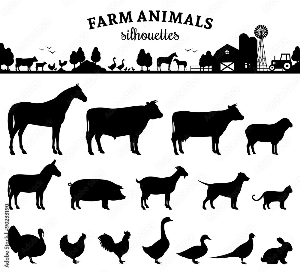 Vector Farm Animals Silhouettes Isolated on White Stock Vector | Adobe ...