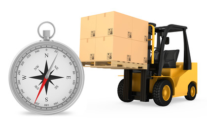 Wall Mural - Forklift truck with cardboard boxes and compass on a white