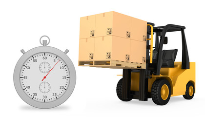 Wall Mural - Forklift truck with cardboard boxes and stopwatch on a white