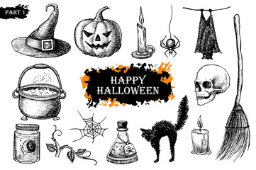 Vector hand drawn Halloween set. Vintage illustration.