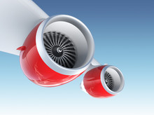 Jet Turbofan Engines With Red Paint On Blue Background.