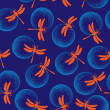 Seamless Pattern With Orange Dragonflies And Dotted Round