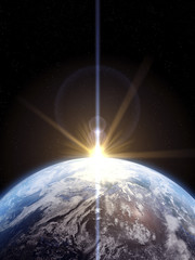 3 d render of earth with sun rising.