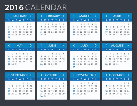 2016 Calendar - illustration. Vector template of 2016 calendar.