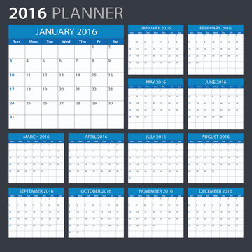 2016 Planner - illustration. Vector template of 2016 calendar/planner.