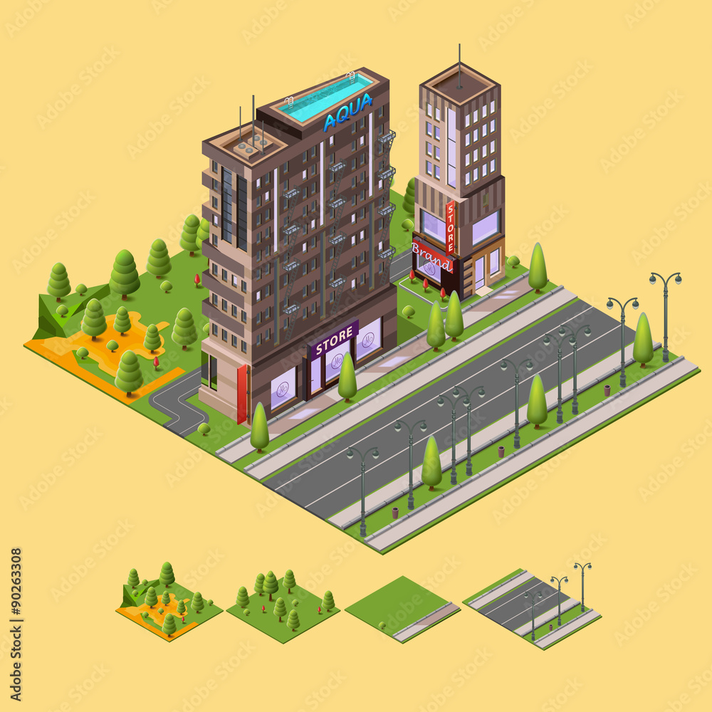 Isometric city concept. 3D vector illustration with buildings and a ...