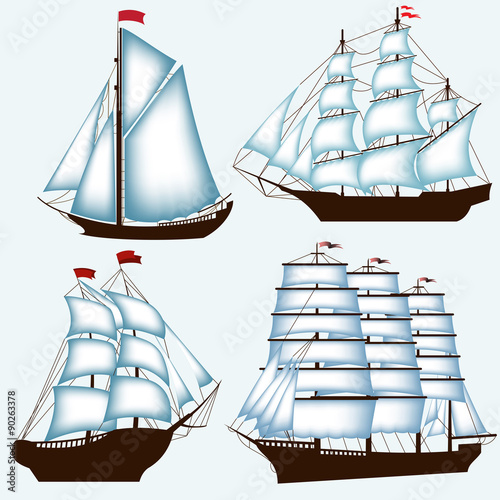 Fotografía Various ships with sails on a blue background