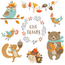 Set Of Cute Woodland Animals For Autumn And Thanksgiving Design.