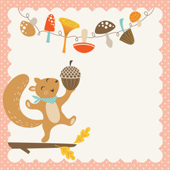 Happy squirrel with big acorn. Cute autumn or Thanksgiving card with place for your text.