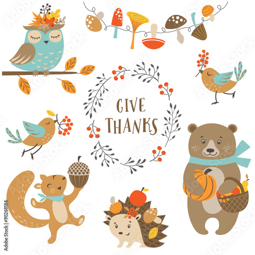 Fotografie, Obraz Set of cute woodland animals for autumn and Thanksgiving design.