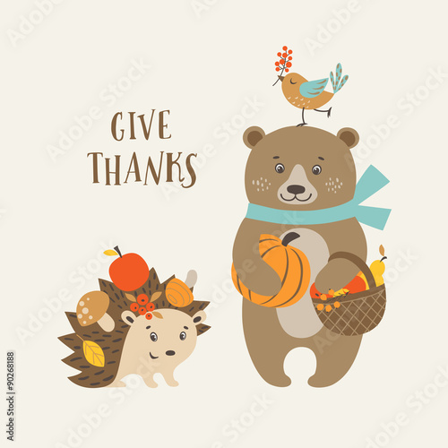 Fotografie, Obraz Cute Thanksgiving greeting card with happy bear, hedgehog and bird