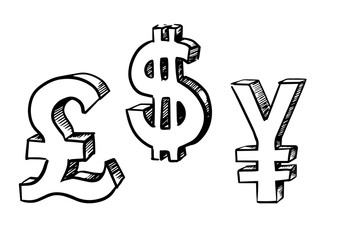 Dollar, pound and yen currency signs