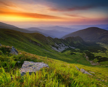 Mountain Valley During Sunset In Summer Time. Beautiful Natural Landscape
