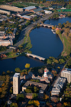 AERIAL VIEW Of Charles River With John W. Weeks Bridge Crossing Into Cambridge And Harvard.