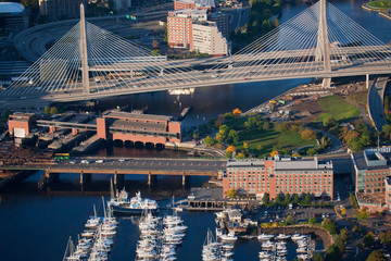 Poster - AERIAL of Boston Harbor area focusing on Leonard P. Zakim Bunker Hill Memorial Bridge, Boston, MA.