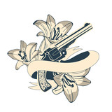 Classic revolvers and lilly flowers emblem