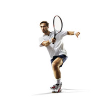 Isolated On White Young Man Is Playing Tennis