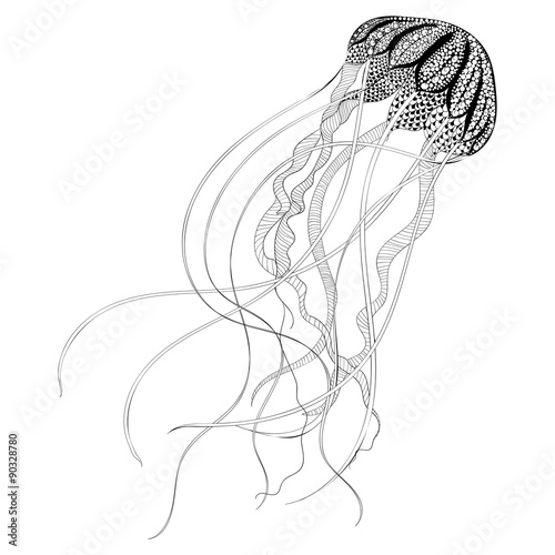 Fotografie, Obraz Zentangle stylized black Jellyfish. Hand Drawn vector illustrati