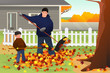 Father and Son Raking Leaves in the Yard During Fall Season