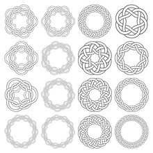 Set Of Celtic Knotting Rings. 16 Circular Decorative Elements With Stripes Braiding For Your Design.