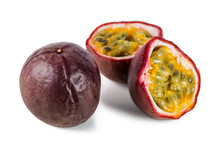 Close-up Of A Whole And Split Passion Fruits (passionfruit, Purple Granadilla (Passiflora Edulis)) Isolated On White Background.