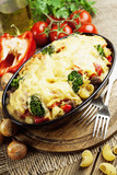 Fototapeta Na drzwi - Casserole with meat, pasta, broccoli and tomatoes
