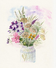 Bouquet Of Watercolor Colorful Wildflowers In Glass Vase 