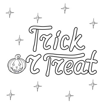 Cartoon word trick or treat and pumpkin isolated on white backgr