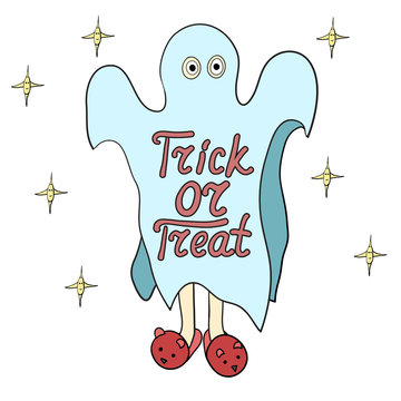 Cartoon ghost in badspread. Trick or treat.