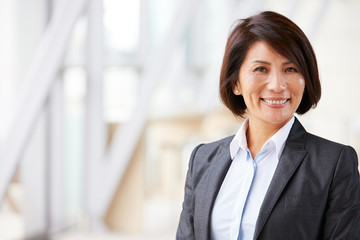 head and shoulders portrait of smiling asian businesswoman