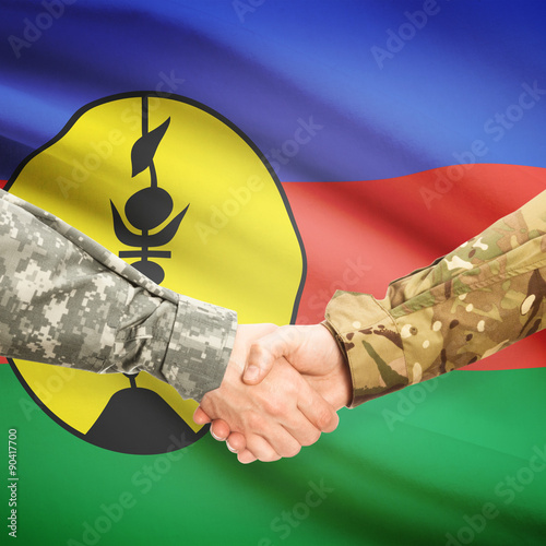 Fotografie, Obraz Men in uniform shaking hands with flag on background - New Caled