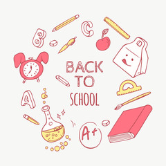Back to school doodle objects background. Hand drawn school supplies