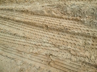 Wheel tracks on the soil.