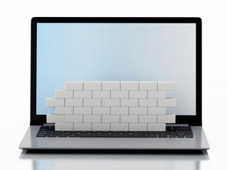 Wall Mural - 3d Laptop with brick wall. Firewall concept.