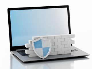 Poster - 3d Laptop with brick wall. Firewall concept.