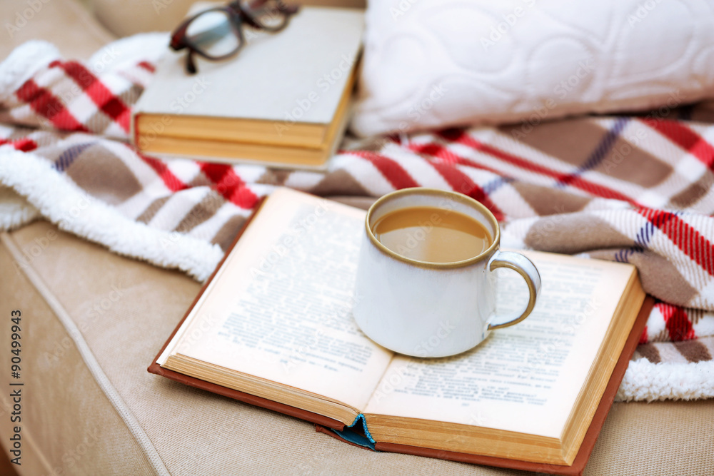 Cup of coffee with book on sofa in living room