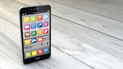 Wall Mural - smartphone over white wooden background