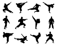 Black Silhouettes Of Karate Fighting, Vector 