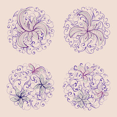 Set of vector round patterns with floral elements for your desig