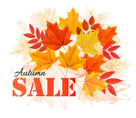 Fototapete - Autumn Sales Banner With Colorful Leaves. Vector.