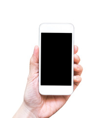 Poster - Hand holding smart phone isolated on white background,Mock up fo