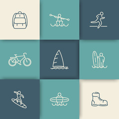 Sticker - Travel, adventure, surfing, linear icons set, vector illustration, eps10, easy to edit