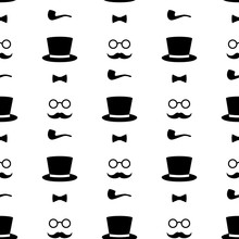 Seamless Pattern With Tobacco Pipe, Bow Tie, Hat, Mustache And Glasses. Black And White Hipster Retro Style Vintage Background. Gentleman's Set Vector Illustration.