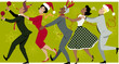 © aleutie - Diverse group of people dressed in vintage fashion and Christmas hats dancing Conga line, snowflakes and streamers on the background, EPS 8