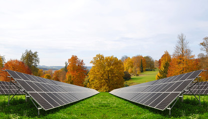 Wall Mural - Solar energy panels in autumnal landscape. Alternative energy.