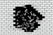© Photocreo Bednarek - White brick wall falling down making a hole. Black background