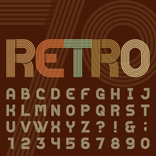 Retro Style Stripe Alphabet Vector Font.
Sans Serif Type Funky Letters, Numbers And Symbols In Trendy Design. Stock Vector Typography For Headlines, Posters In 70s Style Etc. Easy Color Change.