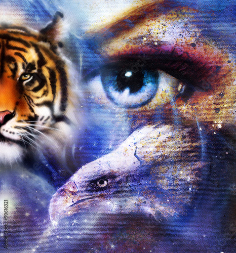 Fototapeta na wymiar painting eagles and tiger with woman eyes on space stars.