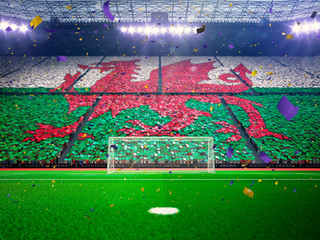 flag wales of fans. evening stadium arena blue