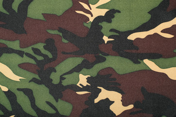 Wall Mural - Camouflage pattern on fabric. Brown khaki black military print as background